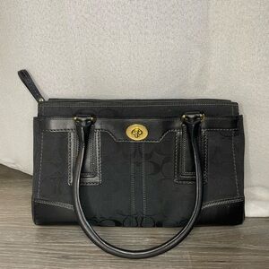Coach 11063 Hampton Black Logo Signature Canvas Leather Large Tote Bag
